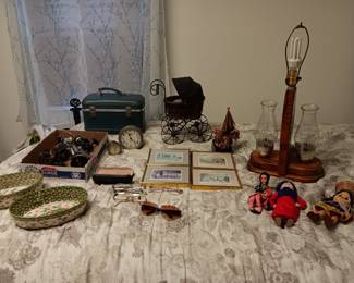 Misc household items.. and 
Antiques... Lamp, Baby Carriage, Glasses, Big Ben and Little Ben Clocks
