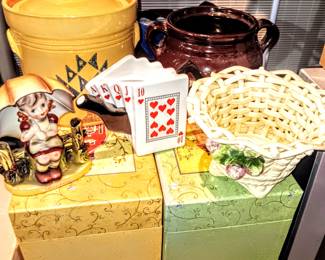 Pfaltzgraff Ceramic Canister, Hummel Girl, 2 Partylite Items, Vintage Woven Porcelin Basket