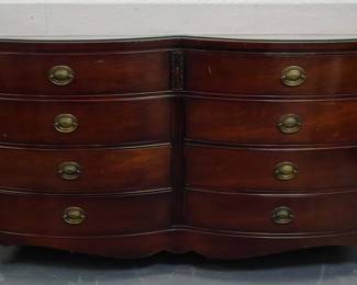 37 - Mahogany double bow front dresser 35x58x23 splay leg, with glass top
