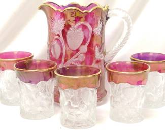 193 - Cranberry flashed pressed glass pitcher & glasses 5 glasses

