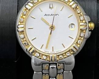 Vintage Accutron T6 Ladies Watch Designed By Bulova, Stainless Steel Two Tone With Date And Diamond Bezel