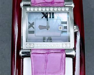 Leonard 2003 Screen Series Watch With Date, Violet Mother Of Pearl Face With .34ct Diamonds Retail $950