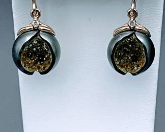 Apple Druzy Earrings With Embedded Red Gemstone And 14k Leaves 1.25 Dangle