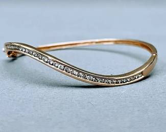 14k Yellow Gold And Diamond Wave Bangle Bracelet Size 7, Round Channel Set Diamonds Retail $2600