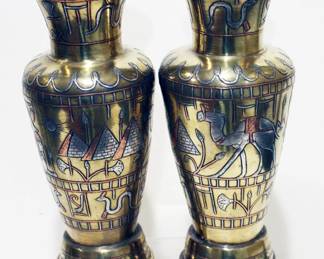 Pair Egyptian Brass Vases Inlaid with Silver & Copper