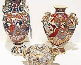 19th Century Japanese Satsuma Vases and Tea Pot