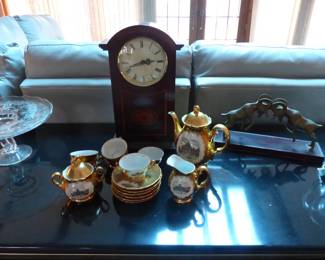 Tea set, mantel clock