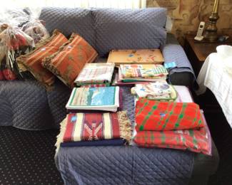 Teddy bears, table cloths, decorative pillows 