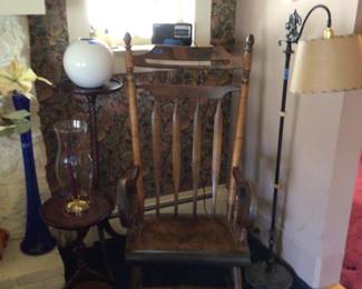 Rocker, floor lamp, 2 small round tables 