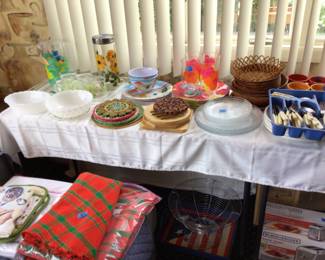 Table cloths, flatware, baskets, picnic outside ware