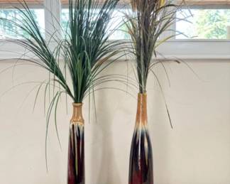 Red & Tan Drip Glaze Vases w/Faux Grass Duo