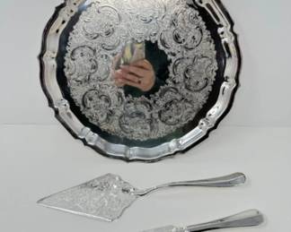 Intricately Etched Gorham Silver Plate Tray + Cake Knife & Server
