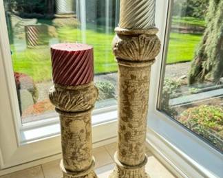 Antiqued Pillar Candle Holder Duo w/Swirl Candles