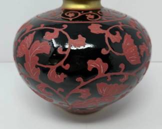 Vintage Hand Enameled Black On Mauve Floral Porcelain Vase