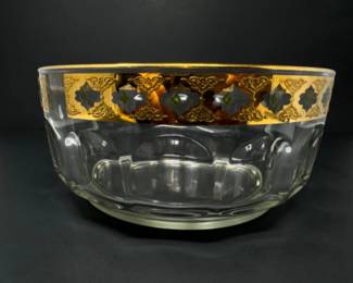 	Vintage Arcoroc 22K Gold & Lime Decorated Thumbprint Glass Serving Bowl