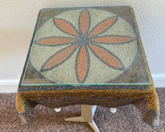 Vintage Side Table w/Beaded Flower Tapestry