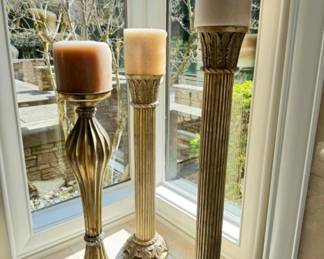 (3) Ornate Gold Tone Pillar Candle Holders