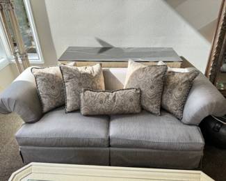	Lush Down Feather Silvery Grey Couch w/ Oversized Down Pillows 