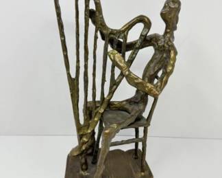 Mid Century Cast Metal Brutalist Harpist Sculpture Figurine - 11"T