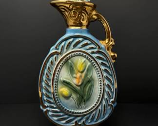 	Vintage 1970s Jim Beam Blue 'n Gold Decanter with Tulips