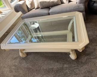 Ivory Faux Aged Patina Renaissance Design Glass Top Coffee Table