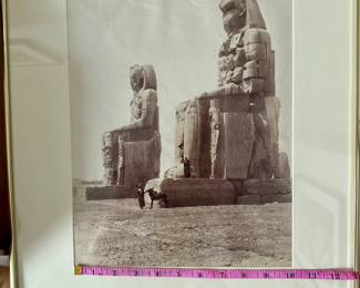 Vintage Albumen Photo by G. Lekegian of Colosses De Memnon Egypt 1880's. Vintage photo of the Collossi of Memnon, two massive stone sculptures of Pharaoh Amenhotep III, west of the River Nile. Taken by Gabriel Lekegian, a prolific photographer based in Cairo in the 1880's. The albumen print, titled and signed in the negative, measures 8.5"x10.75" mounted to lightweight backing paper. In good condition, sharp with good tone and contrast as pictured.