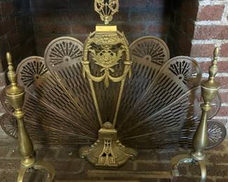 Brass fire screen and andirons