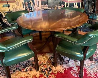 Beautiful Banded Inlaid Game Table w/ 4 Green Leather Nail Head Arm Chairs