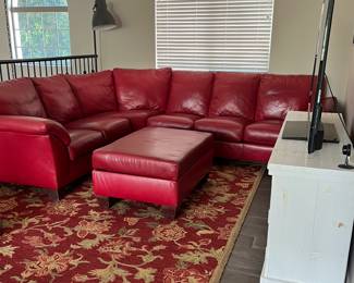 Creative Leather Red Sectional Sofa and Storage Ottoman, Pottery Barn Area Rug Palampore Red 8x10