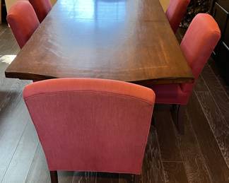 Eddie Bauer by Mitchell Gold Dining Table w 2 Leaves and 6 Upholstered Chairs (Wine Rack in background NOT included in sale) 