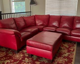 Creative Leather Red Sectional Sofa and Storage Ottoman, Pottery Barn Area Rug Palampore Red 8x10