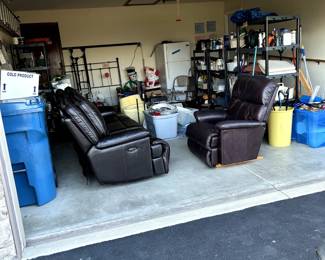 Two piece Sofa and a garage full of items for sale