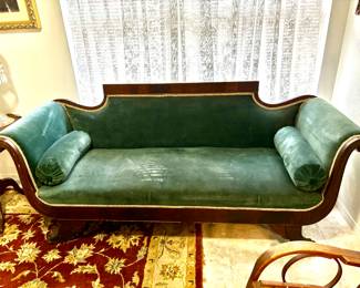 Antique mahogany blue velvet sofa