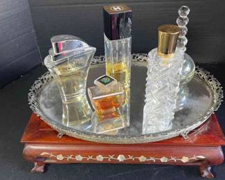 Chanel No 5, Deauville France , Fleurs De Rocaille De Caron, StepFrance Perfume Bottles And Vintage Mirror Tray 