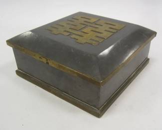 CHINES PEWTER BOX WITH BRASS TRIM