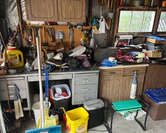 Garage stuff. Nice metal work bench. Priced to go. See Jen. She’ll give you a deal you can’t refuse. Trust me. 
