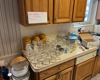 Kitchen ware. Glasses, Corning ware, dishes, ceramic canisters. 