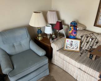 Lamps, end tables and a couch all priced to go. 