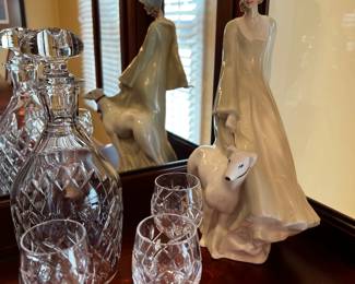 CHINA CABINET FILLED WITH BEAUTIFUL CUT CRYSTAL & ROYAL DOULTON