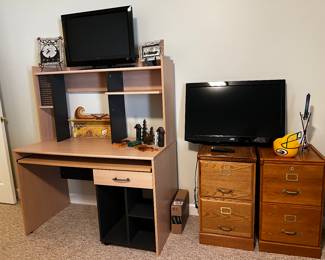 WOODEN FILE CABINETS, TV'S, OFFICE DESK