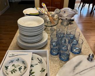 KITCHEN ITEMS, MARBLE CHEESE TRAY WITH DUCKS, GLASSES, PLATES