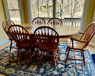 Oak Dining Table with Windsor Back Chairs. Beautiful Blue Pier One Area Rug