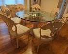 Large Glass Top Dining Table with 7 Italian Beechwood Chairs