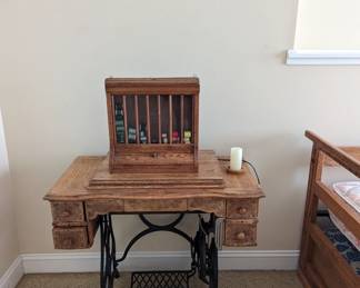 Antique Sewing Machine and thread spool rack