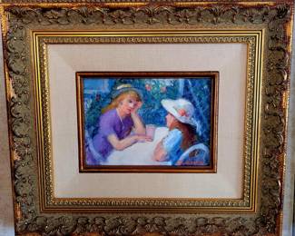 Small original oil by listed artist Vivian Goddard 1904-2005. "Conversation"