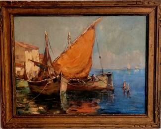 Vintage original oil painting of Brittany Boats