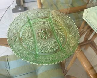 Vintage Green Pressed Glass Serving Platter Large Divided in 3, Scalloped Edge, Gorgeous!