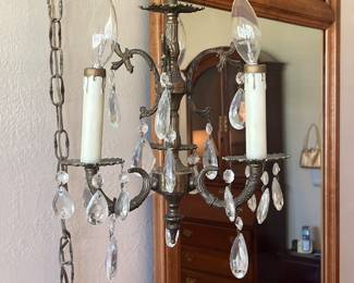 Vintage Cast Brass And Crystal 3 Arm Swag Chandelier