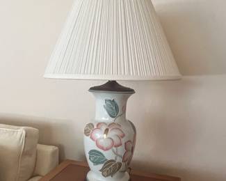Vintage Late 20th Century Chinoiserie Floral Tobacco Leaf Ceramic Table Lamps - a Pair