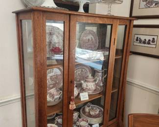 Cake stands, oak china cabinet, Johnson Brothers, Spode, Royal Wessex red and white china patterns